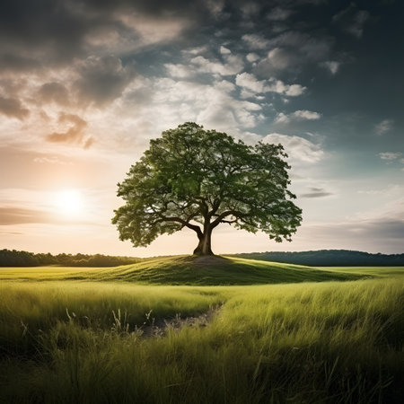 Big tree in the rice field at sunset time. Nature background.の素材