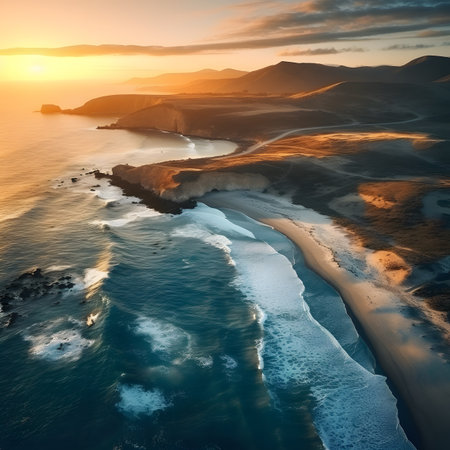 Aerial view of sunset over the ocean and mountains. Beautiful seascapeの素材
