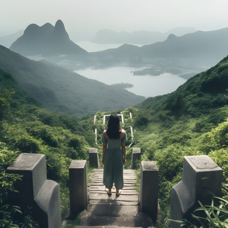Back view of young asian woman in long dress standing on the top of the mountain and looking at the lake.の素材