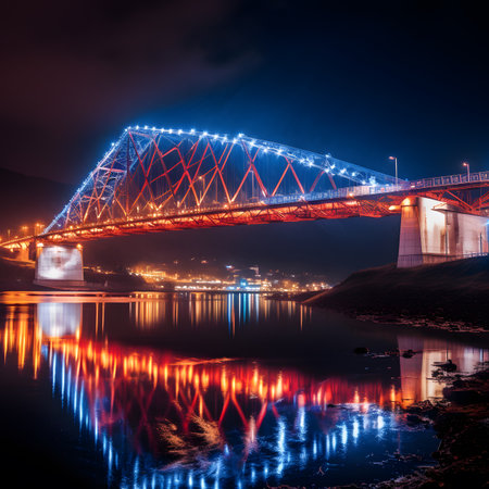 Night view of the Forth Rail Bridge in Edinburgh, Scotland, UKの素材