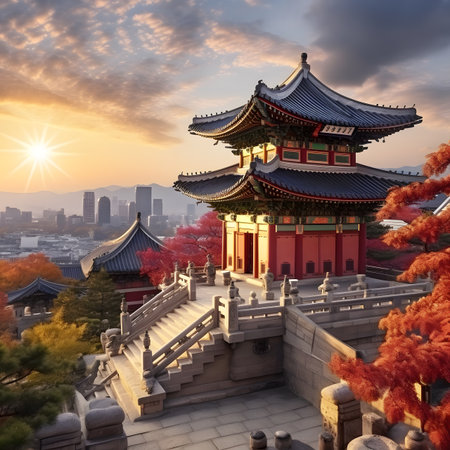 Korean traditional architecture at sunset in Seoul, South Korea. 3D renderingの素材