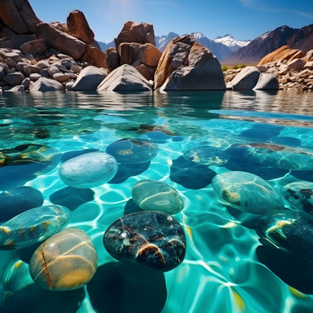 Stones in the clear water of Lake Pukaki, New Zealandの素材