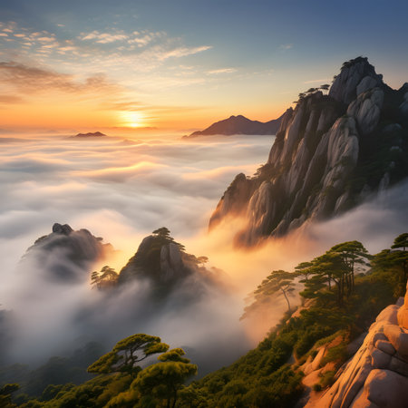Beautiful sunrise over the sea of mist in Huangshan National Park, Chinaの素材