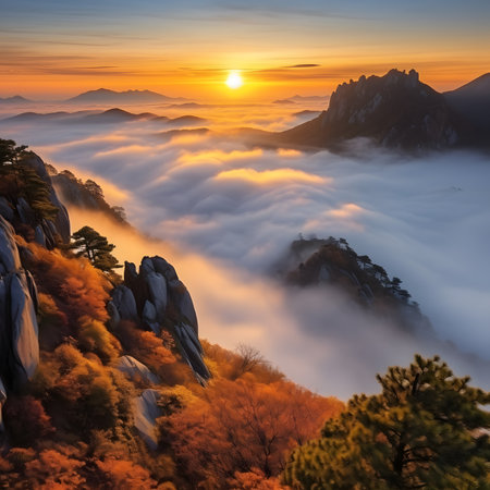 Sunrise over the misty valley in Huangshan National Park, Chinaの素材