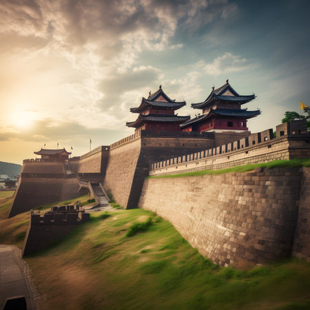 Majestic Great Wall of China at sunset, panoramic viewの素材