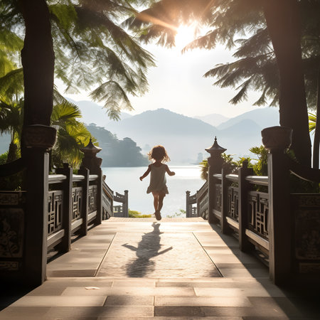 Little girl walking on the bridge to the sea at sunset, Thailandの素材