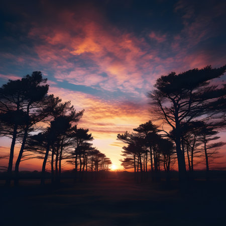 Sunset over the pine forest. 3d rendering toned imageの素材