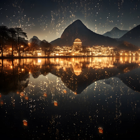Night view of Batur, Bali, Indonesia with reflection on lake.の素材
