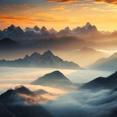 Foggy mountains at sunset. Beautiful nature landscape with foggy mountains.の素材