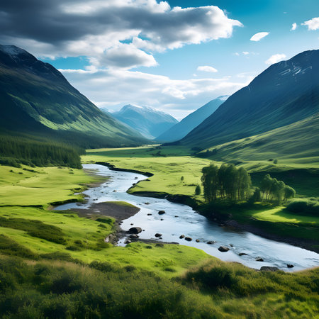 Mountain landscape with river and blue sky. Computer generated image.の素材