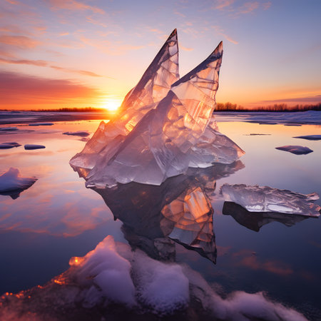 Ice hummocks on the frozen lake at sunset. Beautiful winter landscape.の素材