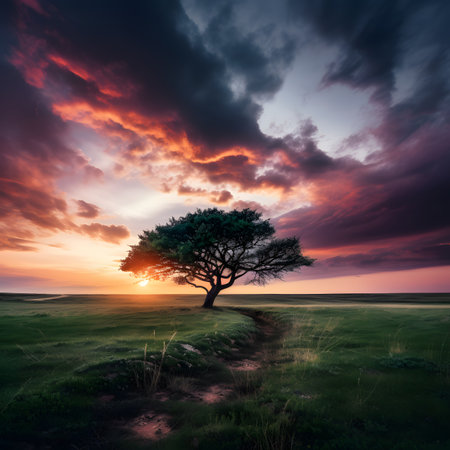 Lonely tree in the field at sunset. Nature composition.の素材