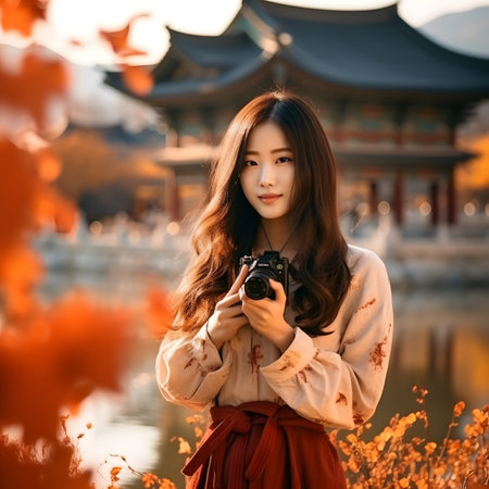 Beautiful asian woman with camera in the park at autumn seasonの素材