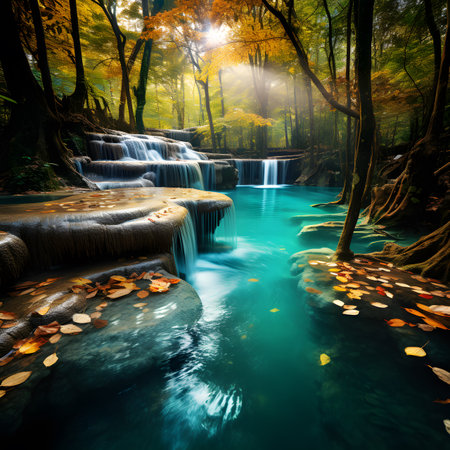 Beautiful waterfall in deep forest at Erawan waterfall National Park, Kanchanaburi, Thailandの素材