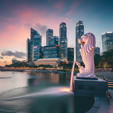 The Merlion fountain at Marina Bay Sands in Singapore at sunsetの素材