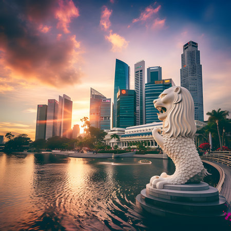 Merlion statue in Singapore city at sunsetの素材