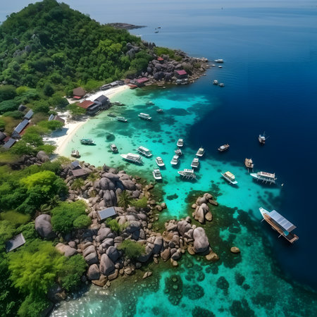 Aerial view of beautiful tropical island with white sand beach and turquoise seaの素材