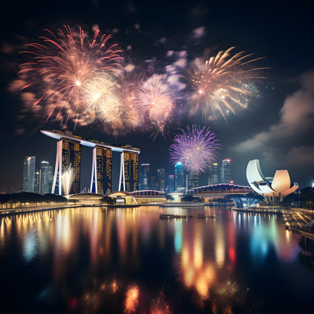 Fireworks at Marina Bay Sands in Singapore. Marina Bay Sands is an integrated resort and tourist attraction in Singapore.の素材