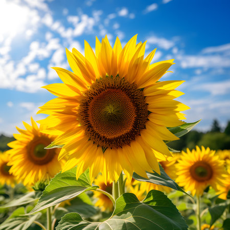 Sunflower field over cloudy blue sky background. Sunflower blooming.の素材