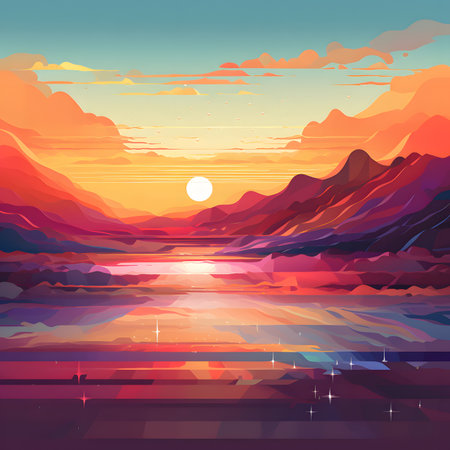 Beautiful landscape with mountains and lake in the sunset. Vector illustration.の素材