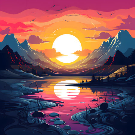 Beautiful sunset on the lake. Vector illustration in retro style.の素材