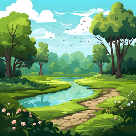 Nature landscape with river and green forest. Cartoon style vector illustration.の素材