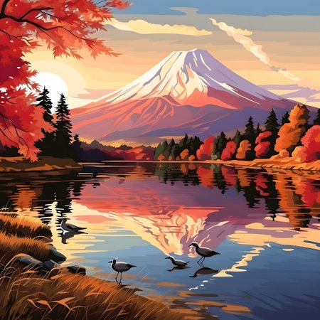 Mt. Fuji at Lake Kawaguchiko in autumn season illustrationの素材