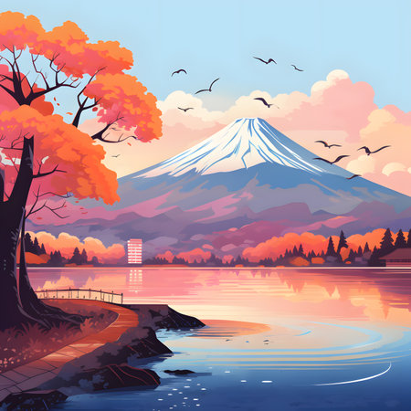 Mt. Fuji and lake in autumn season. Vector illustration.の素材