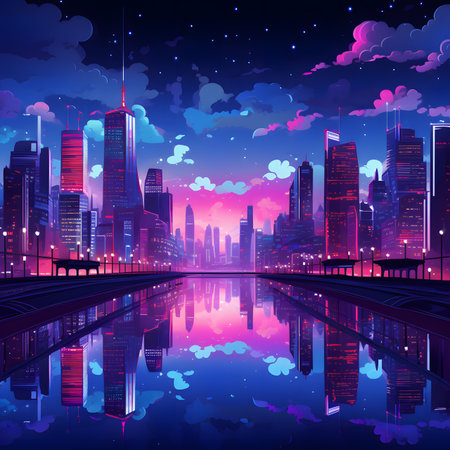 Night cityscape with skyscrapers and reflection in water, vector illustrationの素材