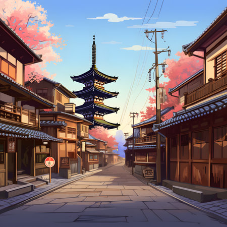 Ancient town street with traditional japanese architecture. Vector illustration.の素材
