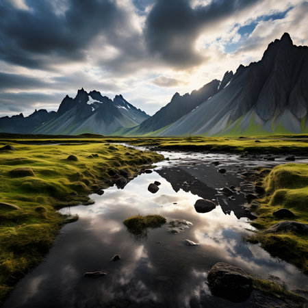 Fantastic mountain landscape. Dramatic overcast sky. Beauty world.の素材
