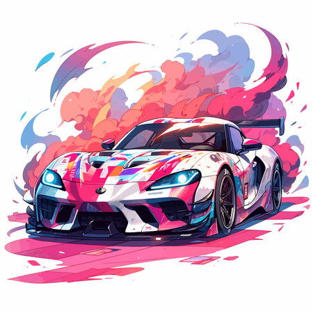 Vector illustration of a racing car on a background of colorful smoke.のイラスト素材