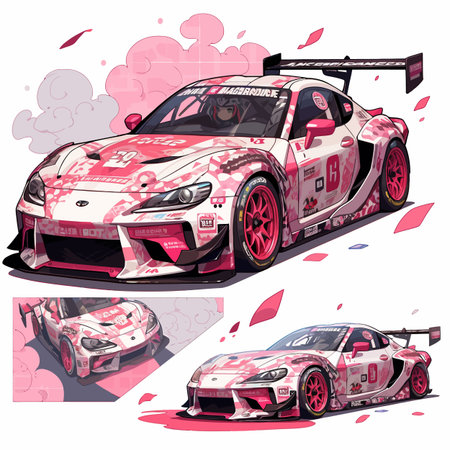 Set of racing cars with pink and black elements. Vector illustration.のイラスト素材