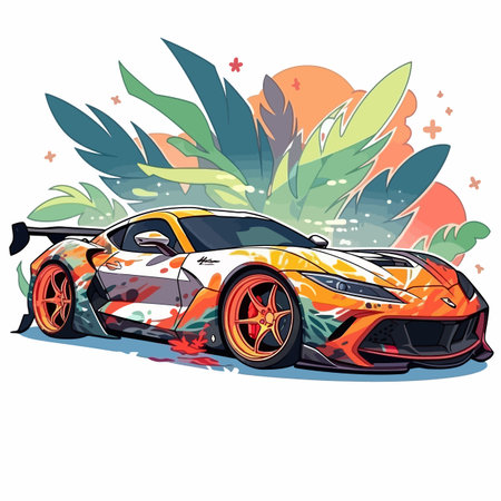 Vector illustration of a racing car on a background of tropical plants.のイラスト素材