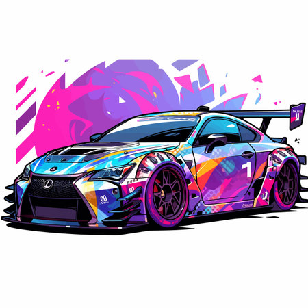 Vector illustration of a sports car on a background of colored splashesのイラスト素材