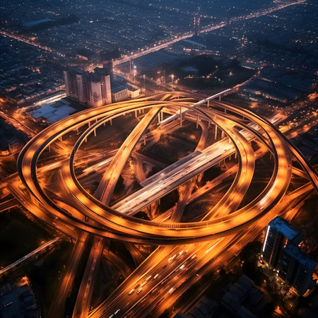 Aerial Night View of Complex Highway Interchange with City Lightsの素材