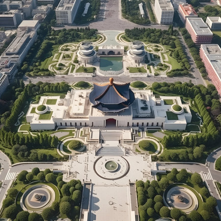 Aerial View of a Grand Monumental Complex with Symmetrical Gardensの素材
