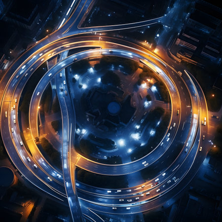 Aerial View of Illuminated Highway Interchange at Nightの素材