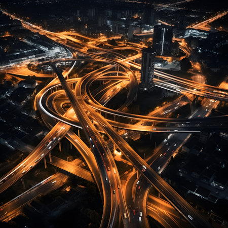 Aerial View of Illuminated Highway Interchange at Nightの素材
