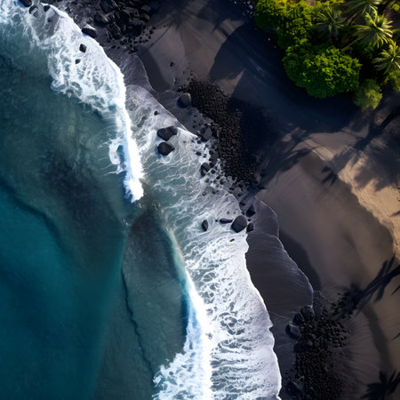 Aerial View of Black Sand Beach with Turquoise Ocean Wavesの素材