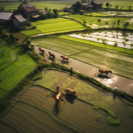 Aerial View of Farmers Plowing Rice Paddies with Oxenの素材