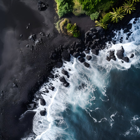 Aerial View of Black Sand Beach with Ocean Wavesの素材