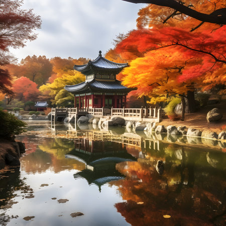 Autumnal Korean Temple Reflection in a Pondの素材