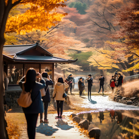 Autumnal Park Landscape with Tourists Photographing Golden Treesの素材