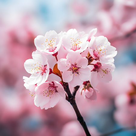 Close Up of Delicate Pink Cherry Blossoms in Soft Focusの素材