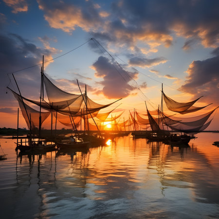 Fishing Boats at Sunset with Orange Sky and Water Reflectionの素材