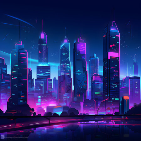 Futuristic City Night Skyline with Vibrant Neon Lightsの素材