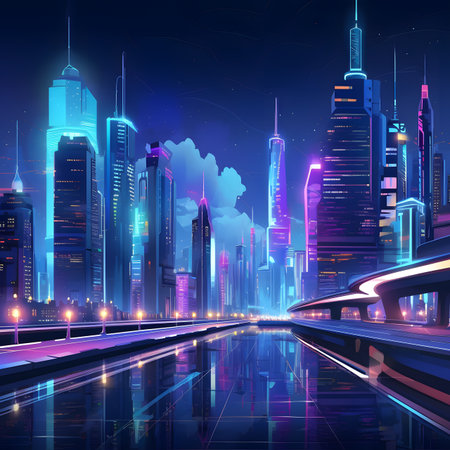 Futuristic City Nightscape with Neon Lights and Reflectionsの素材