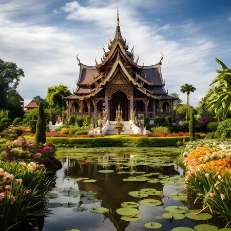 Golden Temple in Lush Garden with Reflection Pondの素材