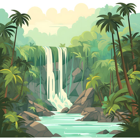 Lush Tropical Waterfall in a Verdant Jungleの素材